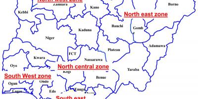 Mapa de nigèria mostrant sis zones geopolítiques