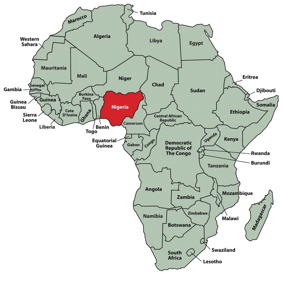Mapa d'àfrica mostrant nigèria