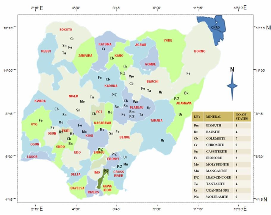 Mapa de nigèria mostrant els recursos minerals