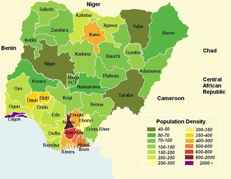 Mapa de nigèria mostrant la distribució de la població