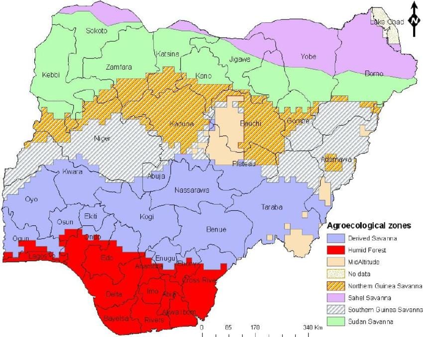 Mapa de nigèria mostrant la ecològic de les zones