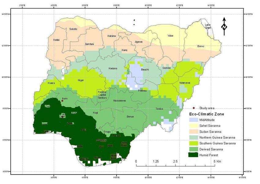 Mapa de nigèria mostrant climàtiques de la zona
