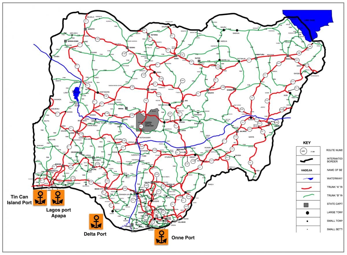 Mapa de nigèria mostrant xarxa viària