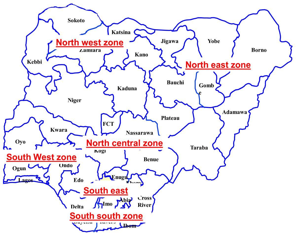 mapa de nigèria mostrant sis zones geopolítiques