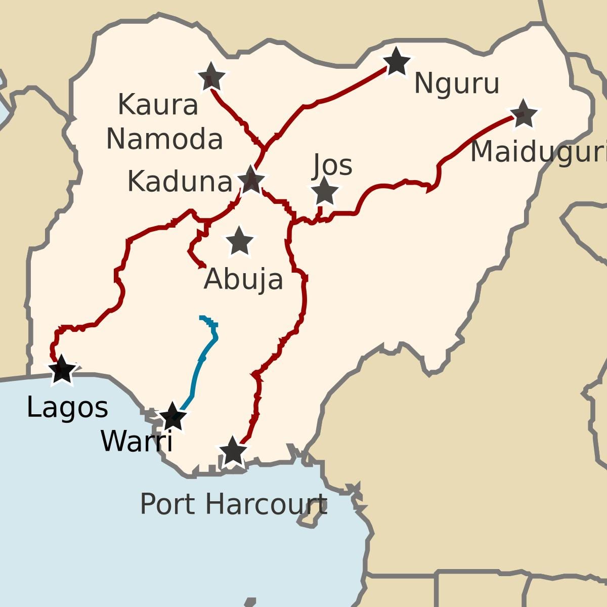 mapa de nigèria mostrant les línies ferroviàries