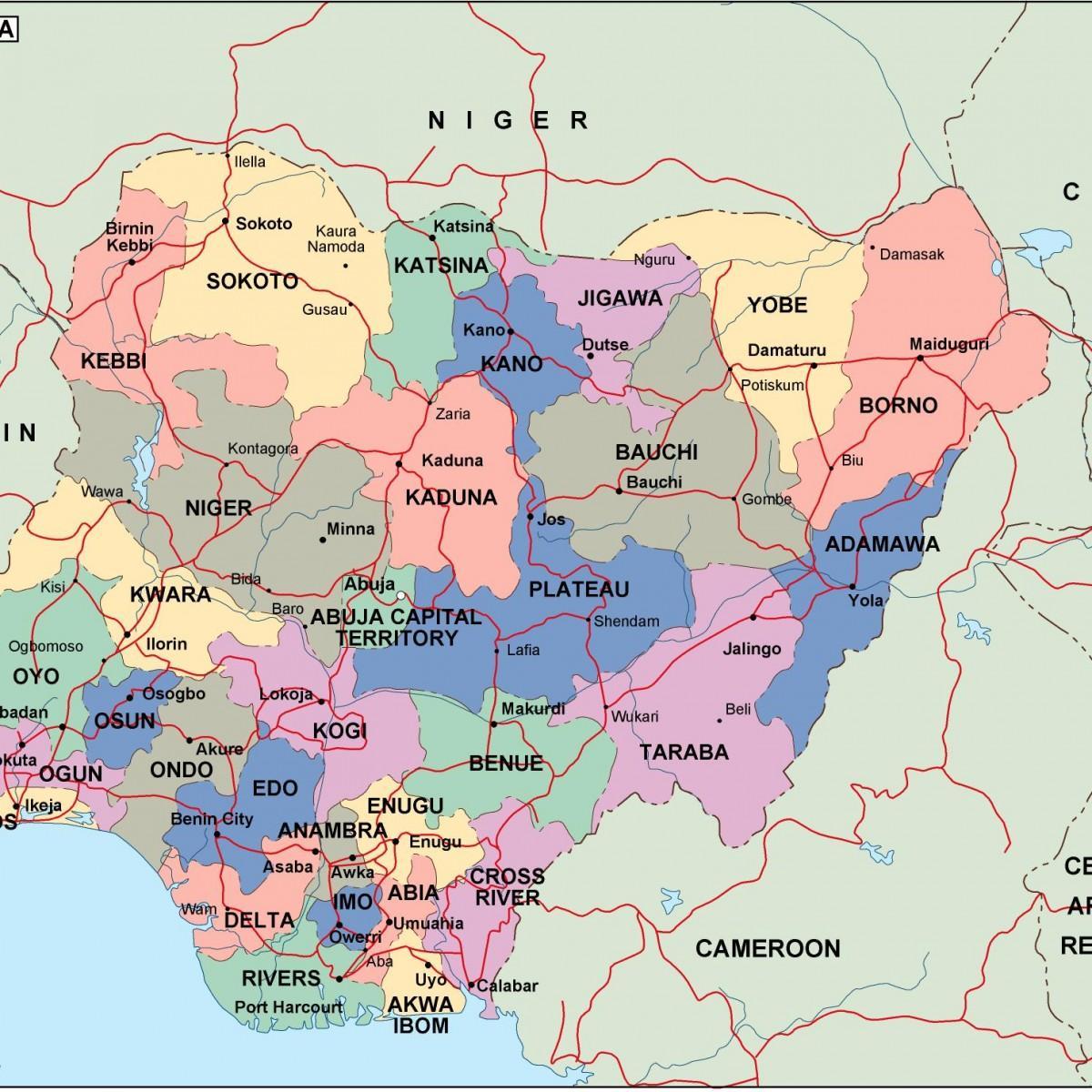 Mapa de nigèria amb els estats i ciutats