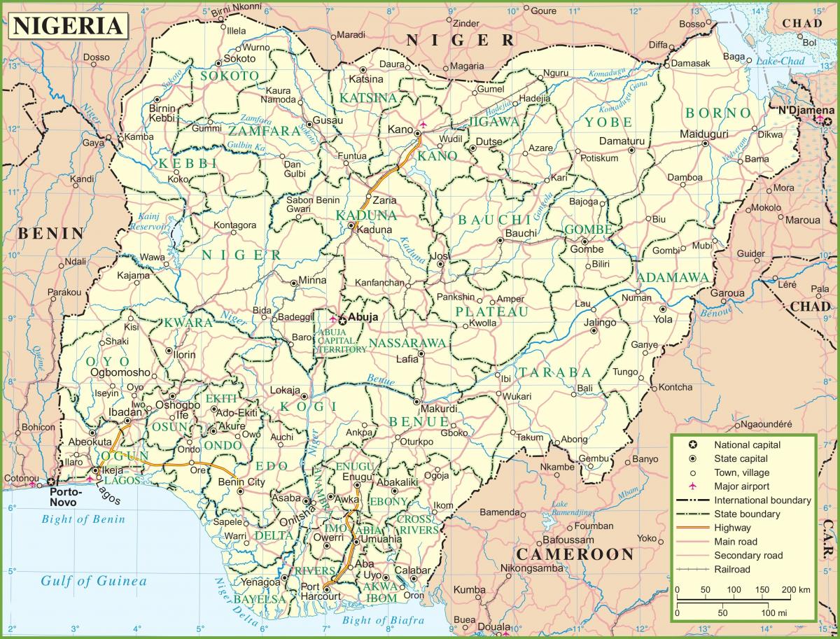 mapa de nigèria mostrant les principals vies de comunicació