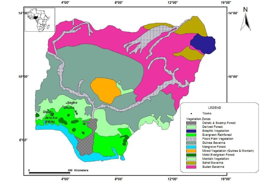 mapa de nigèria mostrant vegetació